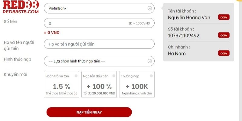 Chọn khuyến mãi thưởng nạp 100% lần đầu ở khâu nạp tiền